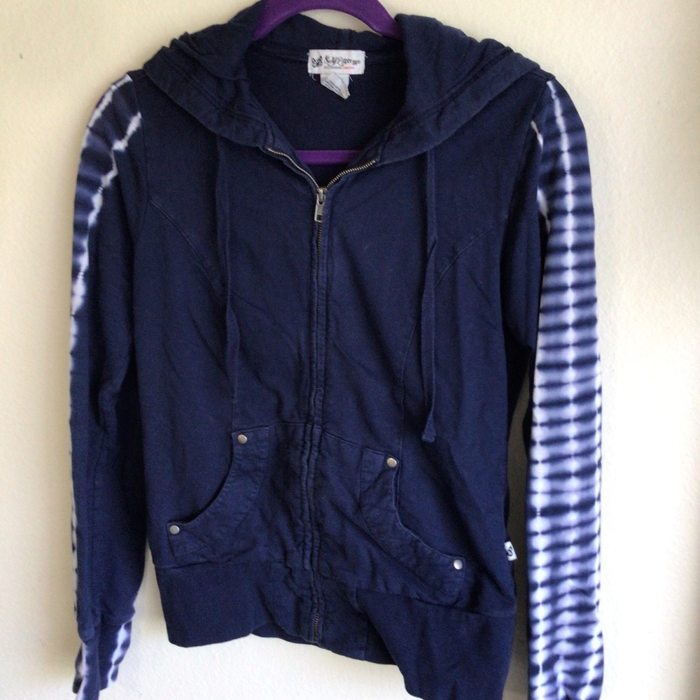 Dark blue self-esteem hoodie with white tie-dye on sleeves